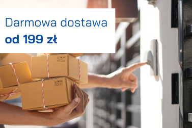 Kurier trzyma kilka małych paczek i dzwoni do drzwi. W lewym górnym rogu biały prostokąt z niebieskim napisem: „Darmowa dostawa od 199 zł”. Grafika informuje o progu wartości zamówienia umożliwiającym bezpłatną wysyłkę.