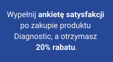 Niebieska grafika z białym tekstem: „Wypełnij ankietę satysfakcji po zakupie produktu Diagnostic, a otrzymasz 20% rabatu.” Słowa „ankietę satysfakcji” i „20% rabatu” są pogrubione dla podkreślenia korzyści.