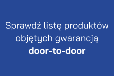 Granatowe tło z białym napisem: „Sprawdź listę produktów objętych gwarancją door-to-door”, gdzie fraza „door-to-door” jest pogrubiona. Grafika informuje o możliwości weryfikacji produktów z usługą gwarancji odbioru i dostawy.